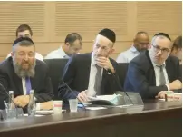  ?? (Marc Israel Sellem/The Jerusalem Post) ?? SHAS MK Yoav Ben Tzur (from left), UTJ MK Uri Maklev and UTJ MK Yakov Asher, who all oppose the new draft bill, at yesterday’s committee hearing on the legislatio­n.