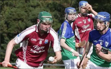  ??  ?? Ben Maddock of St. Martin’s taking on Glynn-Barntown’s Cormac Rowe during Sunday’s county final in Oylegate.