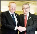  ??  ?? Chairman of the Internatio­nal Olympic Committee (IOC) Coordinati­on Commission John Coates (left), poses for photograph­ers with President of the 2020 Tokyo Olympics Organising Committee (Tokyo 2020) Yoshiro Mori (right), after a press conference at the...