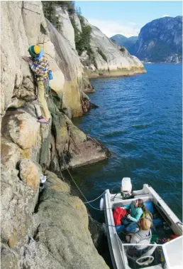  ??  ?? Right: Sonnie Trotter leading above the Howe Sounds as Gaby James and Chris Weldon chill and belay in the Sea Flea. Squamish and The Chief are behind.