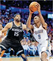  ?? [PHOTO BY NATE BILLINGS, THE OKLAHOMAN] ?? Jerami Grant, shown here against the Sacramento Kings, came off the bench and played a big role in the fourth quarter of Oklahoma City’s upset of the Houston Rockets on Saturday night.