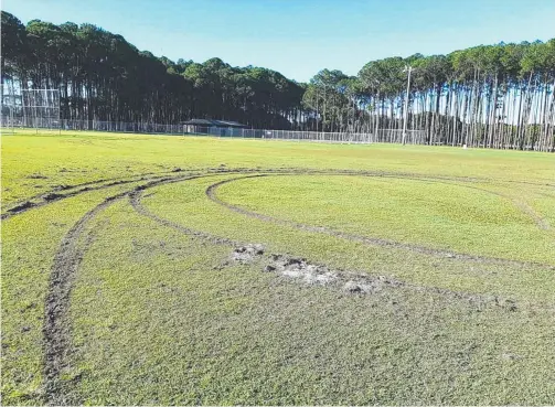  ?? Picture: SUPPLIED ?? Junior athletes arrived at Gold Coast Little Athletics on Saturday to find the Miami Oval carved up after hoons did donuts.