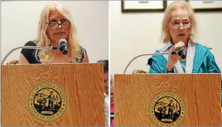  ?? TANIA BARRICKLO — DAILY FREEMAN ?? Jean Jacobs of Kingston, left, and Sue McDonough, a Rensselaer County resident and member of the group Responsibl­e Animal Care USA, speak during Wednesday's public hearing at the Ulster County Office Building in Kingston about legislatio­n pertaining to...