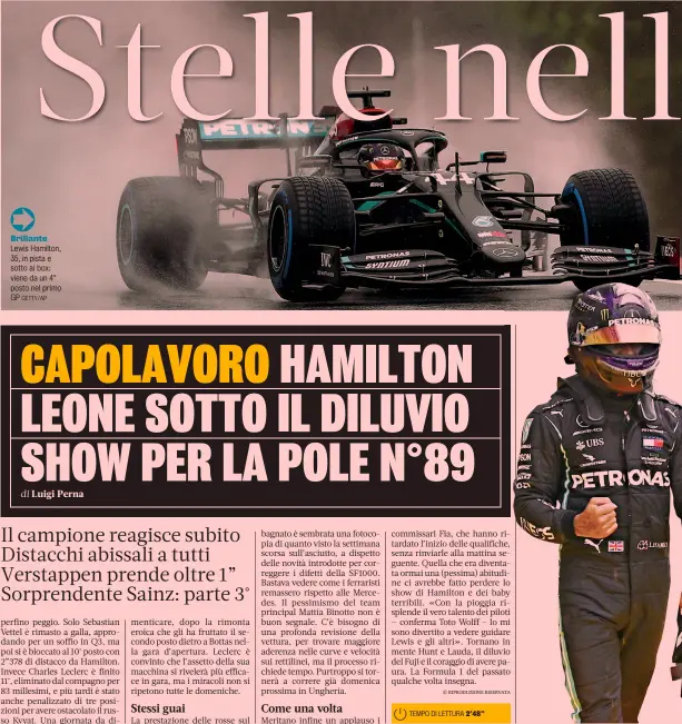  ?? GETTY/AP ?? Brillante Lewis Hamilton, 35, in pista e sotto ai box: viene da un 4° posto nel primo GP