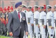  ?? PTI ?? Canadian defence minister Harjit Singh Sajjan receives a guard of honour in New Delhi on Tuesday.