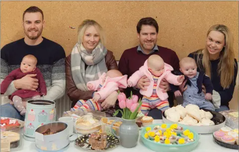  ??  ?? Enjoying the bake sale fundraiser in Wicklow Montessori School in aid of the school Hall were Myles Murray with his niece Aliona O’Gara, Ciara and Ciaran Conlon with their twin daughters Íde and Eibhlin, and Emma Gerrarty with her son James.