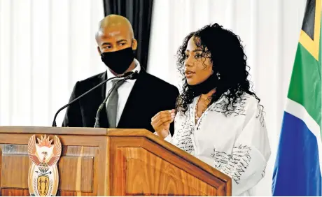  ?? Picture: GCIS ?? FAREWELL. Jackson Mthembu’s daughter, Thuli, speaks at his funeral yesterday.