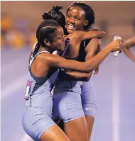  ?? RICARDO MAKYN/MULTIMEDIA PHOTO EDITOR ?? Members of Edwin Allen High’s 4x800 metres team celebrate after winning the event at last Saturday’s Gibson McCook Relays.