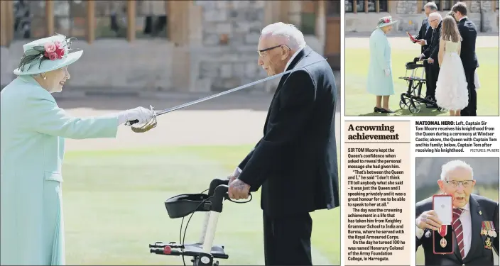  ?? PICTURES: PA WIRE ?? NATIONAL HERO: Left, Captain Sir Tom Moore receives his knighthood from the Queen during a ceremony at Windsor Castle; above, the Queen with Captain Tom and his family; below, Captain Tom after receiving his knighthood.