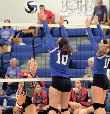  ??  ?? Heritage’s Macy Harris puts a shot past the defense of Ringgold Bethany Thomason (10) and Lauren Terrell during last week’s match in Ringgold. (Messenger photo/Scott Herpst)
