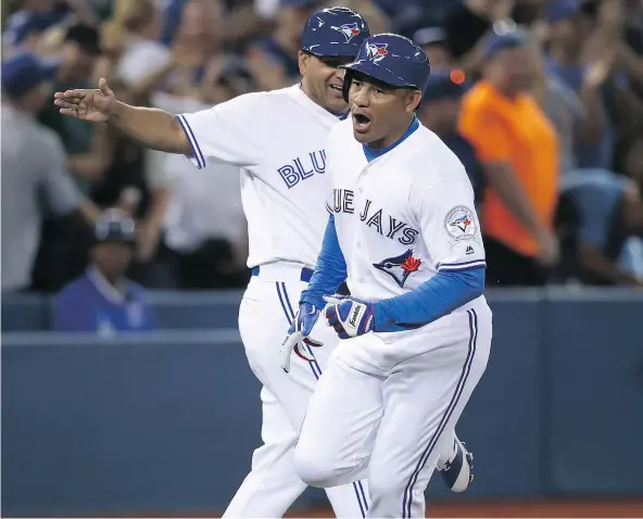  ?? — GETTY IMAGES ?? Toronto Blue Jays outfielder Ezequiel Carrera rounds the bases after hitting a pinch-hit solo home run in the eighth inning to put the Blue Jays ahead for good during 3-2 win over the Tampa Bay Rays on Monday. Toronto looks to make it two in a row...