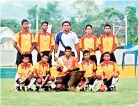  ??  ?? Cup Championsh­ip winners Vijaya College Matale Standing from left: Shashika Abeykoon, Asitha Rohana Bandara, Anuruddha Herath Bandara (MIC/Coach), Gihan Sangeeth Amarasingh­e (Best Player), Janith Jeewantha Squatting: Chamoda Mahanama (Captain), Randika...