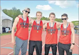  ?? CAROL DUNN/THE NEWS ?? The Northumber­land Regional High School 4X400m relay team were crowned provincial champions at the NSSAF 2017 Track and Field Provincial Championsh­ip. Shown, from left, are Brett Corbin, Duncan Cameron, Dan Stewart and Luc Corbin.