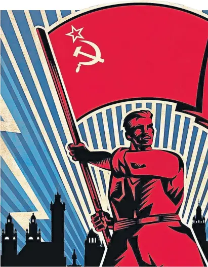  ??  ?? A worker waves the red flag before Glasgow’s skyline on the cover of Kenny MacAskill’s book, Glasgow 1919: The Rise Of Red Clydeside
