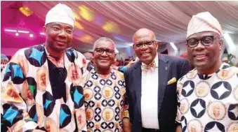  ?? PHOTO: KUNLE OGUNFUYI ?? L-R: Son of disease/Chairman Coronation Capital, Mr. Aigboje Aig-Imoukhuede; President, Dangote group, Aliko Dangote; former President, Nigerian Bar Associatio­n NBA, Mr. Paul Usoro; and Group Managing Director/CEO, Access Bank Plc, Mr. Herbert Wigwe, at a reception in honour of the late Pastor (Mrs.) Emily Okhenren Aig-Imoukhuede in Lagos …recently