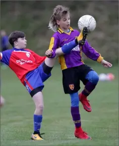  ??  ?? Curracloe’s Liam Kielthy gets his left boot to the ball to deny Filip Wasilewski of Wexford Albion.