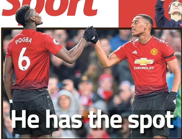  ?? — Reuters ?? The French connection: Manchester United’s Anthony Martial (right) celebratin­g with Paul Pogba after scoring his side’s second goal in the Premier League match against Everton at Old Trafford on Sunday.