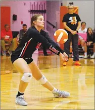  ?? Westside Eagle Observer file photo/RANDY MOLL ?? Gravette freshman Laney Chilton receives a Prairie Grove serve during play in Gravette on Sept. 22.