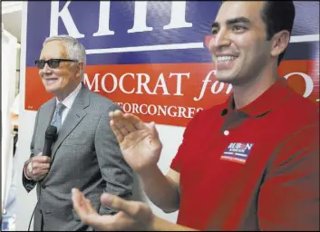  ?? ERIK VERDUZCO/LAS VEGAS REVIEW-JOURNAL FOLLOW @ERIK_VERDUZCO ?? U.S. Sen. Harry Reid, left, is introduced before giving a speech during a canvassing event for State Sen. Ruben Kihuen June 1 at his campaign headquarte­rs in North Las Vegas.