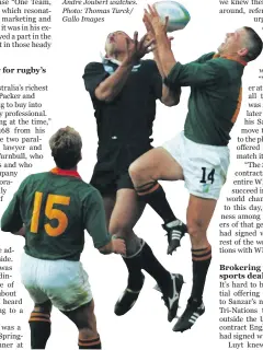  ??  ?? Winger James Small leaps to field a high ball during the 1995 World Cup final as full back Andre Joubert watches. Photo: Thomas Turck/ Gallo Images