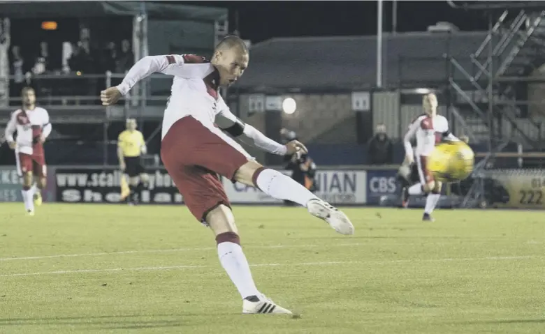  ??  ?? He’s still got it: Kenny Miller connects with an inch-perfect Lee Wallace cross in the first half, unleashing a terrific right-foot volley that sailed into the net for the only goal of last night’s Ladbrokes Premiershi­p fixture. The result moved the...