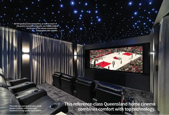  ??  ?? All the speakers and subwoofers, as well as much of the room’s acoustic treatment, are hidden behind the screen or the woven acoustical­lytranspar­ent side curtains.
The seats are custom Australian-made leather recliners with motorised headrests in a top-grade black leather.