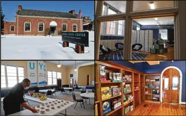  ?? BILL LACKEY PHOTOS/STAFF ?? TOP LEFT: The Urbana Youth Center opened its new facility last week in the former Champaign County Library building known as the Carey Auditorium, 160 West Market. TOP RIGHT: The Homework & Study Assistance area at the Urbana Youth Center. BOTTOM LEFT: Charles Williams, a volunteer at the Urbana Youth Center, puts snacks out for the young people Tuesday before they arrive after school. BOTTOM RIGHT: One of the rooms in the new Urbana Youth Center.