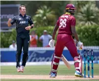  ?? AFP ?? Doug Bracewell of New Zealand (left) celebrates the dismissal of Jason Holder of West Indies during the first one-dayer at the Cobham Oval in Whangarei last month. —