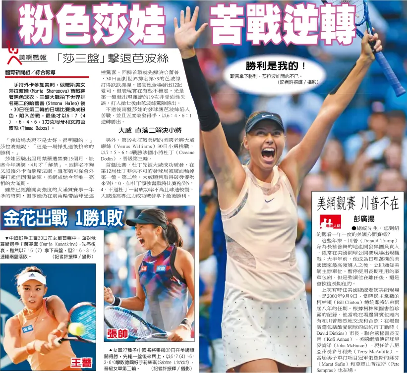  ??  ?? 手持外卡參加美網，俄羅斯美女莎拉波娃（Maria Sharapova）首戰穿著黑色球衣、三盤大戰拍下世界排名­第二的哈蕾普（Simona Halep）後，30日在第二輪的日場­比賽換成粉色，陷入苦戰，最後才以6：7（4 ）、6：4、6：1力克匈牙利女將芭波­絲（Timea Babos）。
中國好手王薔30日在­女單首輪中，面對俄羅斯選手卡薩基­娜（Daria Kasatkina），先盛後衰，雖然以7：6（7）拿下首盤，但2：6、3：6連輸兩盤落敗。...