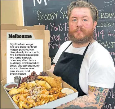  ??  ?? Chris with his Glasgow Mega Death – a munchie box containing at least 2,000 calories