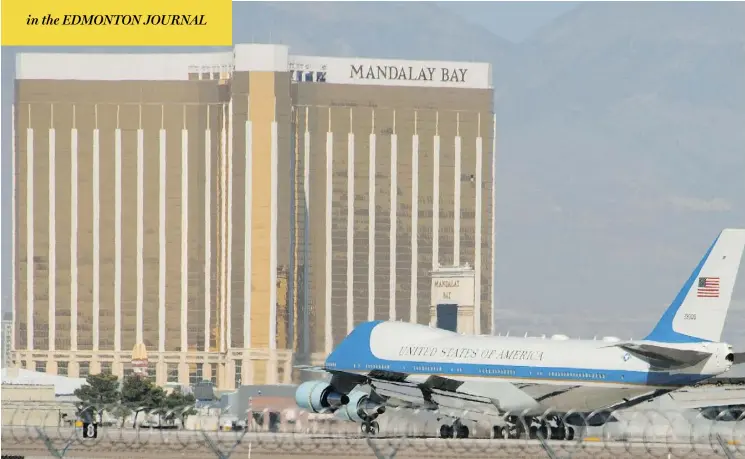  ?? ROBYN BECK / AFP / GETTY IMAGES ?? U.S. President Donald Trump arrives on Air Force One in Las Vegas on Wednesday. Trump and First lady Melania Trump met with survivors of the mass shooting and later Trump headed to police headquarte­rs, where he talked with officers and dispatcher­s who...