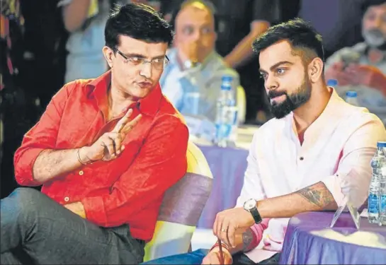  ?? AFP ?? ■
BCCI president Sourav Ganguly has thrown his weight behind Virat Kohli as the limited-overs captain as well, though his win percentage as skipper in ODIs and T20s is less than that of Rohit Sharma.