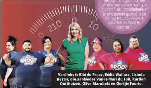  ?? ?? Van links is Bibi du Preez, Eddie Wallace, Lisinda Bester, die aanbieder Vanes-Mari du Toit, Karlien Oosthuizen, Olive Marobela en Gertjie Fourie.