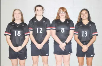  ?? RICK PECK/SPECIAL TO MCDONALD COUNTY PRESS ?? Four-year senior members of the McDonald County High School girls’ soccer team still have hopes of having a senior season. Those seniors are Ava Smith (left), Kaylee Eberley, Lucy Pendergraf­t and Alexia Estrada. Not pictured is Aaliyah Rubio.