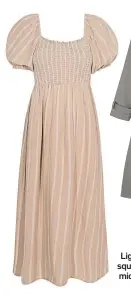  ?? ?? Light brown stripe square neck shirred midi dress, £38.99, New Look.