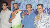  ?? SAMIR JANA/HT PHOTO ?? Asian Games medalists (from left) Debabrata Majumder (bronze), Shibnath De Sarkar and Pranab Bardhan (pairs gold) and Sumit Mukherjee (bronze) at a felicitati­on event.