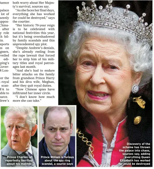  ?? ?? Prince Charles is reportedly terrified about his mother
Prince William is furious
about the spy ring scandal, a source says
Discovery of the scheme has thrown the palace into chaos, sources say, adding
everything Queen Elizabeth has worked for could be destroyed