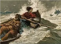 ??  ?? An illustrati­on showing Grace Horsley Darling with her lighthouse keeper father, William, rowing their coble to the aid of seamen aboard the sinking steamboat, the SS Forfarshir­e, after it hit a rock off the Farne Islands in 1838.