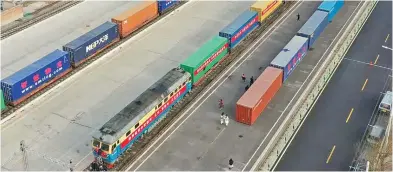  ?? Photo: Xinhua ?? This aerial photo taken on March 16, 2023 shows a China-Europe freight train heading for Moscow at Mafang railway station in Pinggu District of Beijing, capital of China.