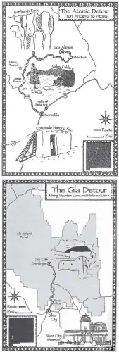  ??  ?? Maps outline a trip from Bernalillo to Los Alamos and a trip to the Gila.