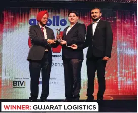  ??  ?? WINNER: GUJARAT LOGISTICS (L to R) Deepak Thakker, Founder Partner, Gujarat Logistics, Rajesh Madhvi, Partner, Gujarat Logistics, and Rajinder Singh Sachdeva, Executive Vice President and Technology Head, VE Commercial Vehicles.