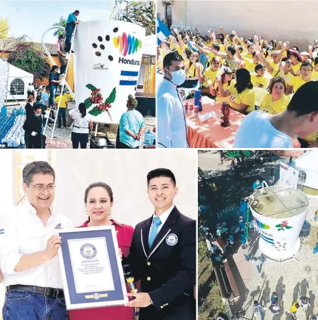  ??  ?? MARCA. El trabajo previo se inició a las 4:00 am para llenar la taza gigante con los más de 15,000 litros de agua purificada, actividad realizada por más de 100 voluntario­s. Al evento llegaron cientos de personas. El presidente Hernández también acudió.