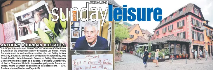  ??  ?? Notes, photograph­s and flowers are left in memory of Anthony Bourdain at the closed location of Brasserie Les Halles, where Bourdain used to work as the executive chef, on Friday in New York City. Bourdain, a writer, chef and television personalit­y,...