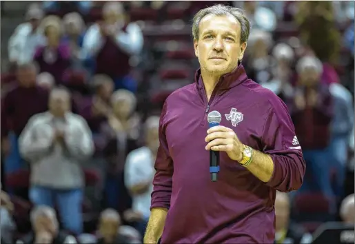  ?? SAM CRAFT / ASSOCIATED PRESS ?? Texas A&amp;M football coach Jimbo Fisher talks to the crowd during a timeout of an A&amp;M basketball game on Dec. 9 in College Station, Texas.