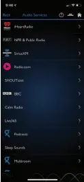  ??  ?? This screenshot from Grace Digital’s smartphone app shows the baked-in, easily accessed content services. Amazon Music and Pandora will be added soon to this list.