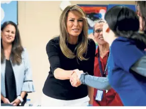  ?? — Reuters ?? Another round: Melania greeting attendees at a roundtable discussion as she arrives at the Southwest Key Programs Campbell immigratio­n detention facility in Phoenix, Arizona.