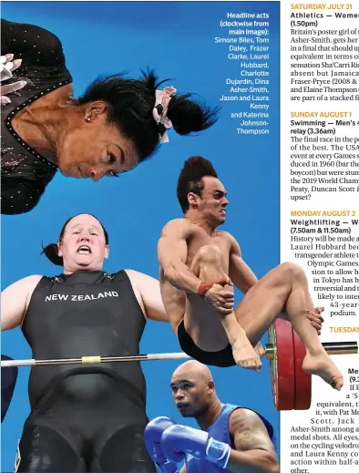  ??  ?? Headline acts (clockwise from main image): Simone Biles, Tom Daley, Frazer Clarke, Laurel Hubbard, Charlotte Dujardin, Dina Asher-Smith, Jason and Laura Kenny and Katerina JohnsonTho­mpson