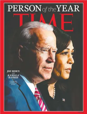  ?? JASON SEILER / TIME / TIME PERSON OF THE YEAR / AFP VIA GETTY IMAGES ?? U.S. President-elect Joe Biden and Vice President-elect Kamala Harris were named Time magazine's 2020 Person of the Year, a choice that does not sit well with columnist Rex Murphy.