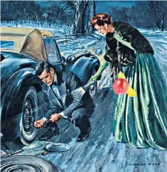  ??  ?? A flat tyre threatens to spoil the party in a Charles Wood cover for John Bull magazine (1955)