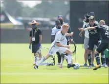  ?? SUBMITTED PHOTO ?? Union rookie Jack de Vries takes on two New York City FC defenders in Thursday’s game. De Vries got his MLS debut in the Union’s 1-0 win.